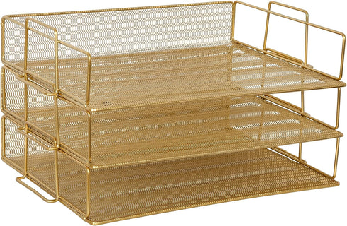 Martha Stewart Ryder 3 Tier Desk Letter Tray Organizer, Stackable Steel Mesh Inbox Tray for Files and Papers (Gold)