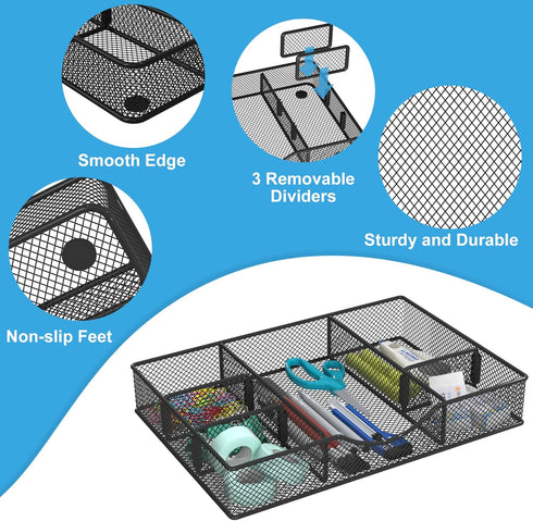 Desk Drawer Organizer Tray, Metal Mesh with 6 Adjustable Compartments, 12 x 8.26 x 1.96 inch, Black, 1 Pack