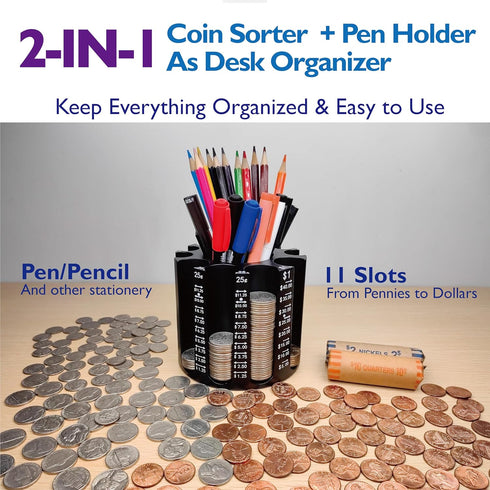 Coin Sorter Pen Holder Change Counter Pencil Holder as Desk Organizer, Coin Counter Machine Change holder Store 540pcs, Coin Organizer Coin Wrappers Coin Bank, Easy to Use & Accurate as a Gift by CO5IN1