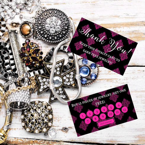 Jewelry Loyalty Cards | 50 Pack Thank You Notes Black Pink Fleur | 5 Bling Buy 12 Get One Free