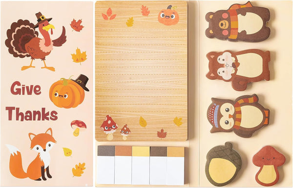 Fall Give Thanks Sticky Notes Set, 550 Sheets Thanksgiving Self-Stick Notes, Cute Woodland Animal Memo Pads for Students