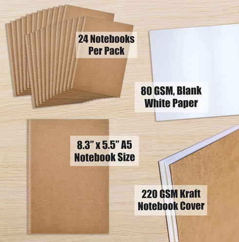 Better Office Products Kraft Notebooks, 24 Pack, Blank Unlined, 8.3 in x 5.5 in, 60 White Pages, Soft Cover