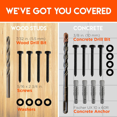 Lag Bolt Kit for Mounting TV into Wood or Concrete - Heavy Duty Bolts, Fischer Anchors, 2 Drill Bits