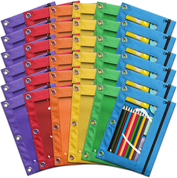 Pencil Pouch for 3 Ring Binder, Bulk 36 Pack, 3-Holes Zipper Pouches, Assorted Colors, Durable Cloth Holder