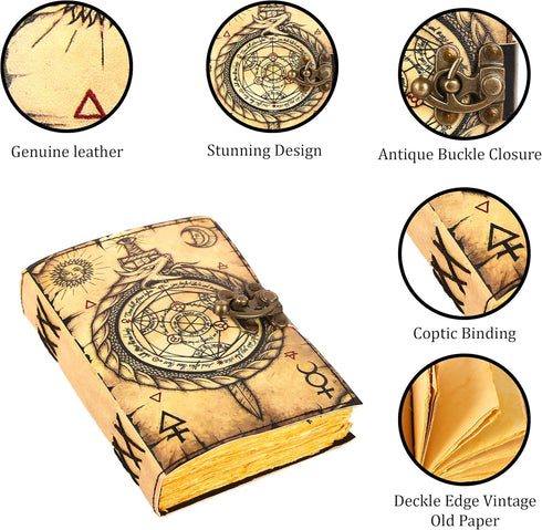 TUZECH Book of Spells Leather Bound Journal, Deckle Edge Paper, Grimoire Printed Diary, Spiral Gothic Notebook