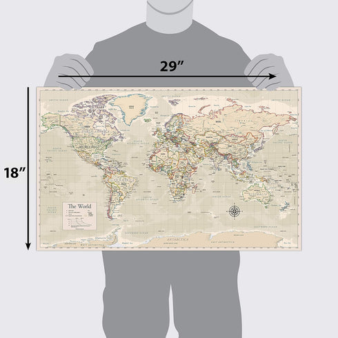 Laminated World Map Poster - Wall Chart Map of Earth, 18" x 29" (Tan)