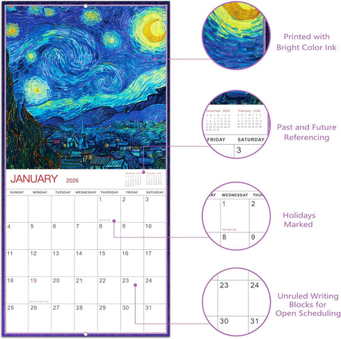 Wall Calendar 2025-2026, 18-Month Monthly Calendar from Jul. 2025 - Dec. 2026, 12" x 24" (Art Paintings)