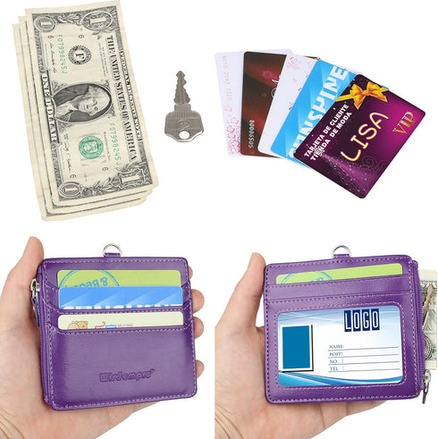 Wisdompro 2-Sided PU Leather ID Badge Holder with Zip, 1 ID Window, 4 Card Slots, 20 Inch Lanyard Strap - Purple
