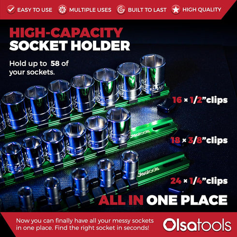 3pc Set 1/2-Inch, 3/8-Inch, 1/4-Inch 58 1102 Olsa Tools Aluminum Socket Organizer, - Green Socket Holder Kit and Drive