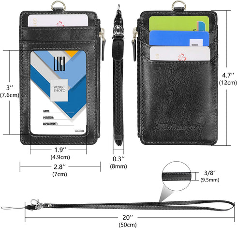 Wisdompro Badge Holder with Zipper, 2-Sided PU Leather College ID Holder, 1 ID Window, 4 Card Slots, Black