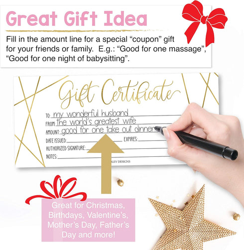 Hadley Designs 25 Gold Geo Blank Gift Certificates for Small Business, Elegant Paper Voucher for DIY Coupon Cards, 4x9"