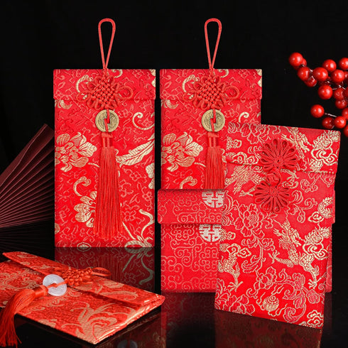 Silk Wedding Red Envelopes 12 Pcs Lucky Money Envelope, Chinese New Year Red Envelopes, New Year Red Packet, Chinese Lucky Hongbao Card Envelopes Gift Wrap for 2024 Spring Festival Birthday