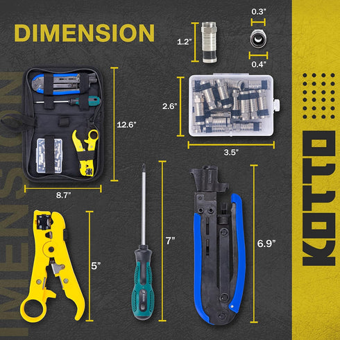 RG6, RG59, RG11 20 KOTTO Coax Cable Crimper Kit - Adjustable Compression Tool for - Includes Coaxial Cable Stripper