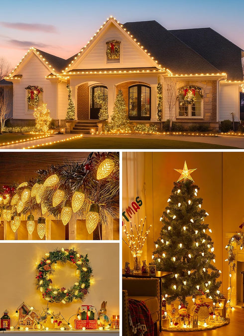 50 C9 8 Solar Christmas Lights Outdoor, LED Strawberry String Light with Timer & Light Mode, Waterproof Solar Christmas