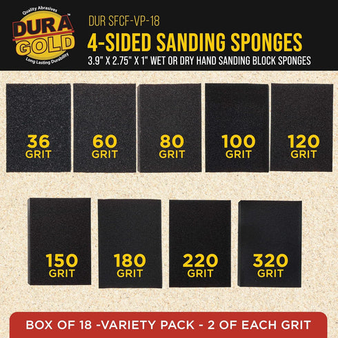 4-Sided Pack, 18, 36, 60, 80, 100, 120, 150, 180, 220, 320-3.9" 2.75" 1" Dura-Gold Hand Sanding Block Sponge Variety