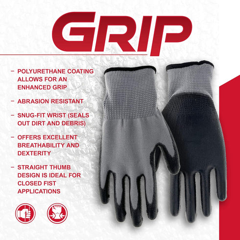 Boss Kid's Polyurethane Coated Work Gloves, Enhanced Grip, High Dexterity, Water Resistant, Gray/Black, Youth (B33021-Y)