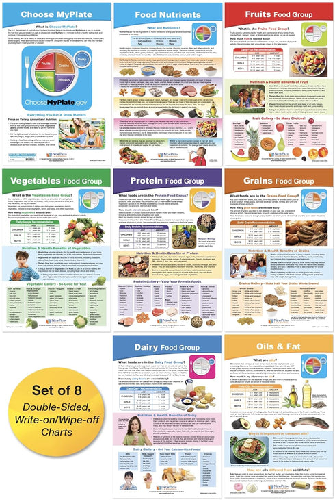 NewPath Learning MyPlate Food Groups Bulletin Board Charts, Set of 8, Laminated, Double-Sided, 12" x 18"