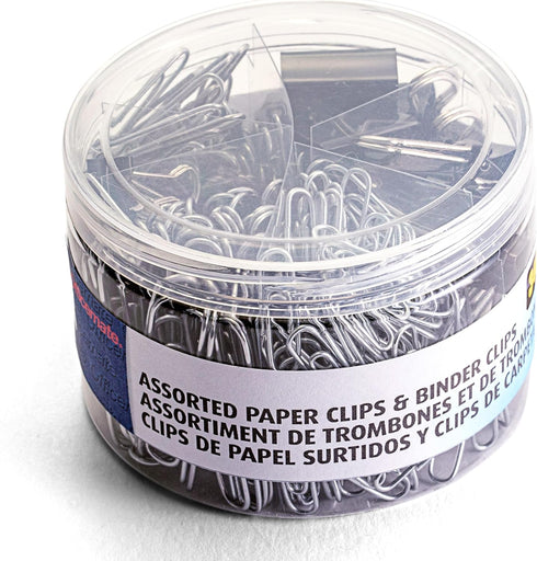 Officemate 340 Assorted Paper Clips and Binder Clips, Re-usable Storage Tub, Silver/Black (31040) by Officemate