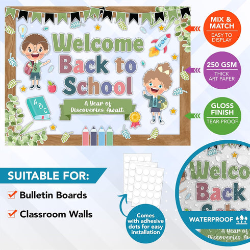Decorably 87 Pcs Back to School Bulletin Board Set - Welcome Bulletin Board Decorations with Borders