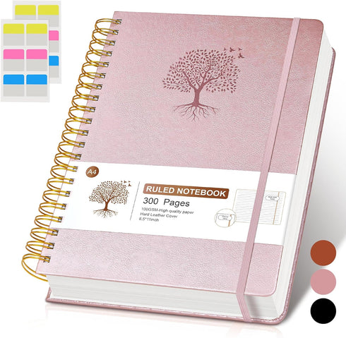 Lined Spiral Notebook Journal, 8.5"×11", 300 Pages Hardcover Leather Journals, A4 Large College Ruled Notebooks, Pink