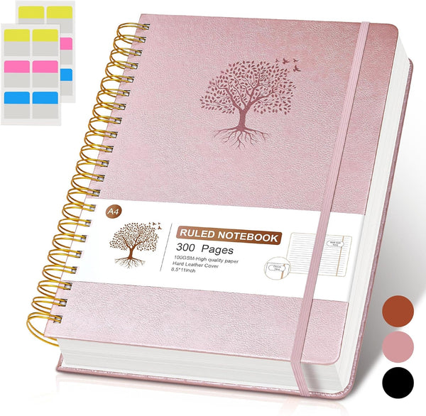 Lined Spiral Notebook Journal, 8.5"×11", 300 Pages Hardcover Leather Journals, A4 Large College Ruled Notebooks, Pink