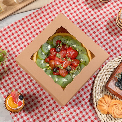 25 Kraft Bakery Boxes with Window, 8x8x4 Inches for Pastry, Cupcake, Cookies, Muffins, Pie