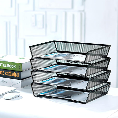 SETTFRFE 4-Tier Letter Tray Desk Organizer - Mesh Stackable File Trays for Desktop Paper Storage, Black