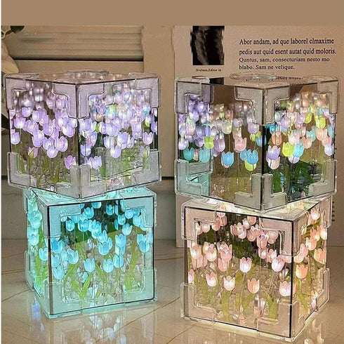 C&M 21 LED Tulip Night Light, Decorative Table Lamp with Mirror, Flowers, Handmade DIY Magic Cube Design (Blue)