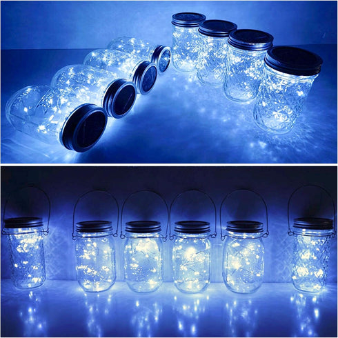 Solar Mason Jar Lid String Lights, 8 Pack 20 LED Fairy Firefly Lights with Hangers for Patio Garden Wedding Decor