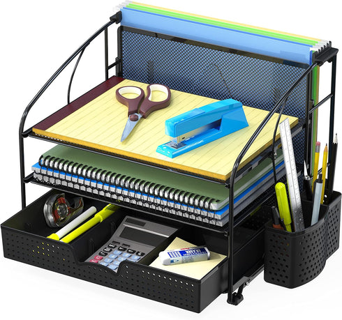 Simple Houseware Desk Organizer, 3 Tray with Sliding Drawer, Hanging File Holder, Black