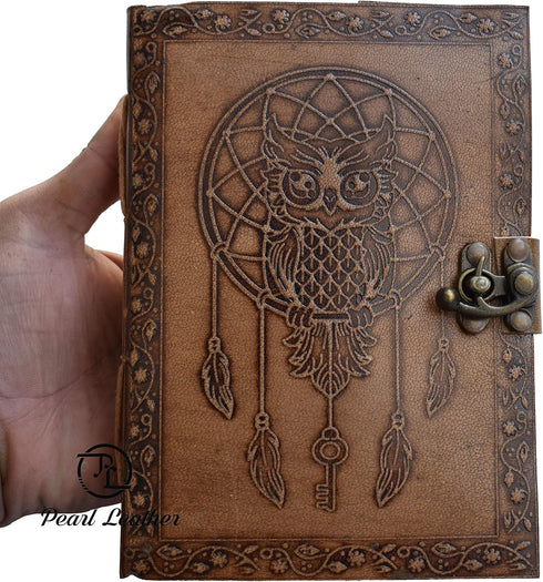 Blank Book of Shadows Journal with Dream Catcher and Owl, Leather Witchcraft Grimoire Sketchbook, 7x5