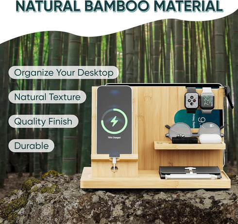 Semiocthome Wood Phone Docking Station with Separate Phone Stand, Bedside Organiser Desk Organiser Presents for Him