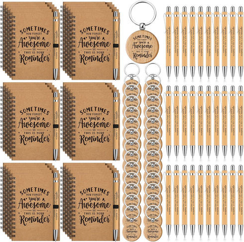 Cholemy 90 Pcs Employee Appreciation Gifts, Retractable Motivational Bamboo Pens, Kraft Notebooks with Keychain