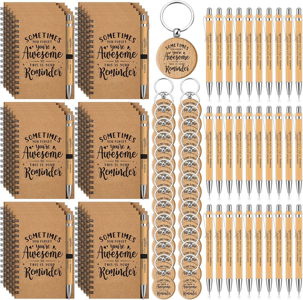 Cholemy 90 Pcs Employee Appreciation Gifts, Retractable Motivational Bamboo Pens, Kraft Notebooks with Keychain