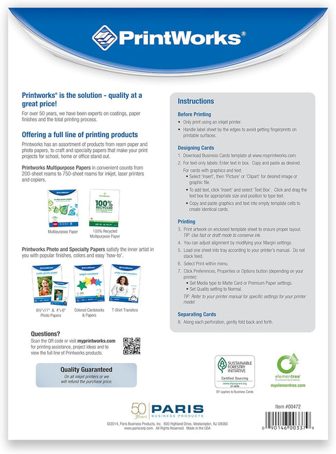 PrintWorks 2 3 10 250 Pack, (00472) White Matte Business Cards, For Inkjet or Laser Printers or Copiers, Card Size x