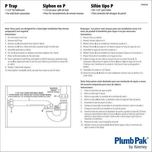 Plumb Pak PP941W White P-Trap, 1-1/4 in, Plastic