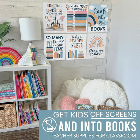 Hadley Designs 6 Reading Strategies Motivational Posters for Classroom, Boho Wall Decor, Read Corner Library Sign