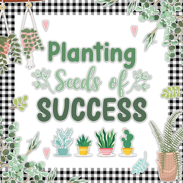 Decorably 62 Pcs Plant Bulletin Board Decorations Set with Borders - Modern Farmhouse Classroom Decor, Plant Decor for