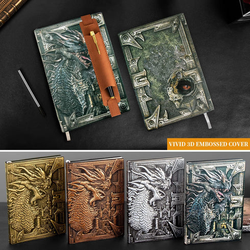 DND Dragon Notebook - 3D Embossed Leather Journal with Black Ballpoint Pen & Sleeve, A5 Vintage Travel Diary