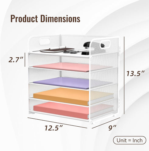 Supeasy 5 Trays Paper Organizer with Handle, Mesh Desk File Organizer, White Paper Sorter for Office, Home, or School