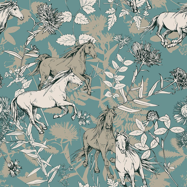 VaryStyle 17.7"x393" Cottage Core Horse Wallpaper Teal/Khaki/Beige Herbs Animal Floral Wallpaper Peel