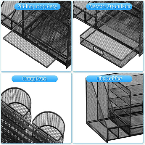 Desk Organizer with File Holder, 5-Tier Paper Letter Tray with Sliding Drawer and 2 Pen Holders, Mesh for Office