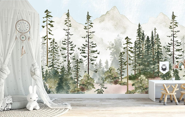 Innovative Stencils Watercolor Pine Tree Forest Mountains Peel and Stick Wallpaper Self Adhesive Nursery