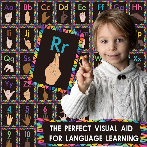 Sign Language Bulletin Board Letters - 36 ASL Alphabet Learning Cards Set for Classroom Decor, Kindergarten, Daycare