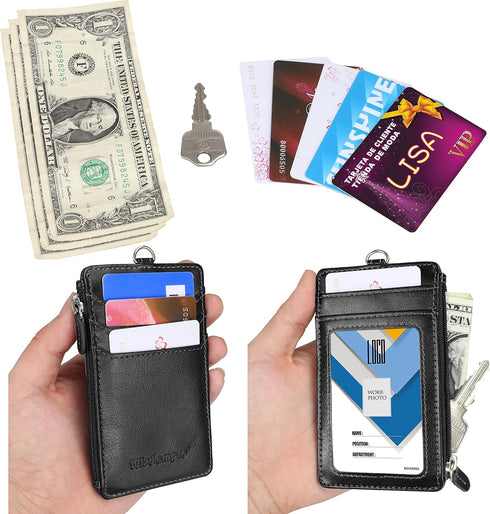 Wisdompro Badge Holder with Zipper, 2-Sided PU Leather College ID Holder, 1 ID Window, 4 Card Slots, Black