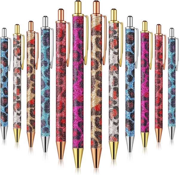 Pajean 12 Pcs Leopard Print Pens, Cute Glitter School Supplies for Women Office Classroom Decor, Multicolor, Black Ink