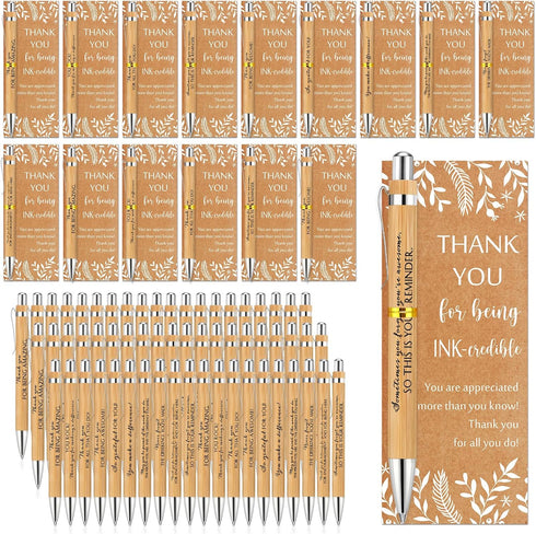 ReliThick 100 Sets Employee Appreciation Gift, Inspirational Bamboo Ballpoint Pen, Thank You Greeting Card