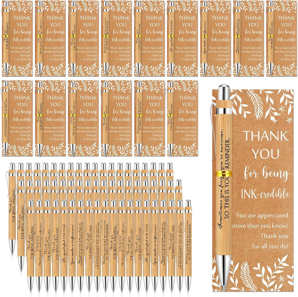 ReliThick 100 Sets Employee Appreciation Gift, Inspirational Bamboo Ballpoint Pen, Thank You Greeting Card