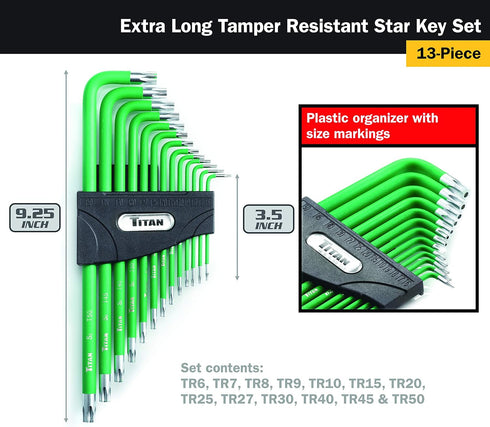 12715 Set 13 1 Titan Tools Extra-Long Arm Tamper Resistant Star Key - Piece , Green