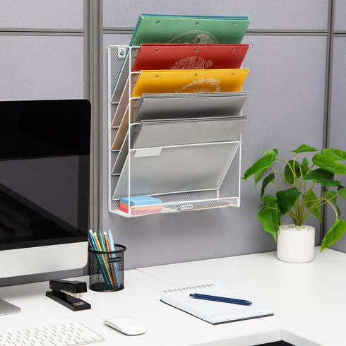 Mind Reader 5-Tier Vertical File Storage Desktop Organizer, Wall Mount, White Metal Mesh